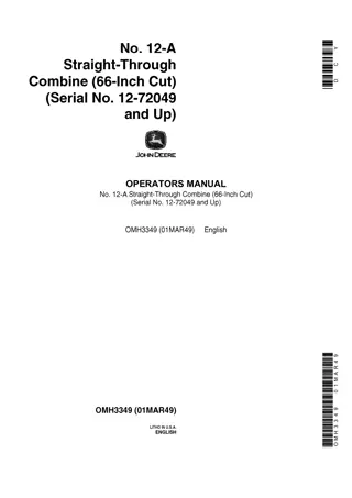 John Deere NO.12-A Straight-Through Combine (66-Inch Cut) Operator’s Manual Instant Download (Pin.12-72049 and up) (Publication No.OMH3349)