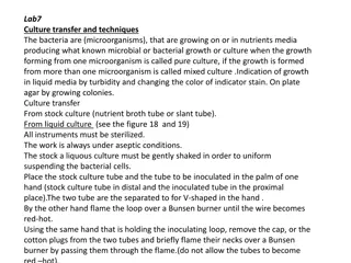 Bacterial Culture Transfer Techniques and Growth Indicators