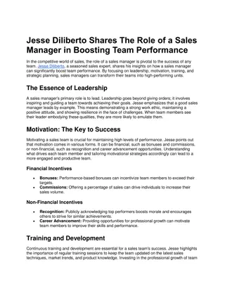 Jesse Diliberto Shares The Role of a Sales Manager in Boosting Team Performance