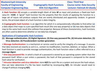 Cryptographic Hash Functions in Data Security: Mustansiriyah University Course Overview