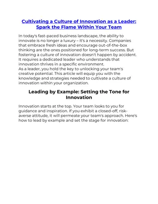 Cultivating a Culture of Innovation as a Leader- Spark the Flame Within Your Team