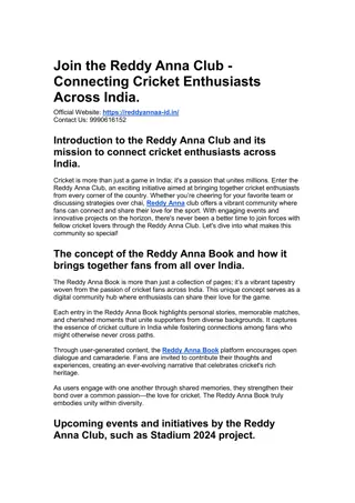 Join the Reddy Anna Club - Connecting Cricket Enthusiasts Across India.