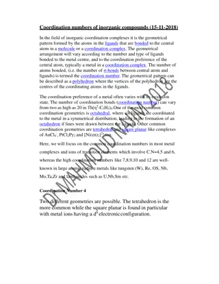 Coordination Numbers in Inorganic Compounds: Geometries and Structures
