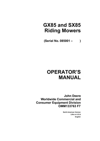 John Deere GX85 Riding Mowers Operator’s Manual Instant Download (Pin.085001-) (Publication No.OMM133763)