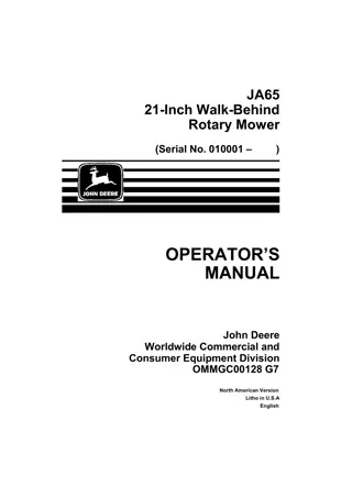 John Deere JA65 21-Inch Walk-Behind Rotary Mower Operator’s Manual Instant Download (PIN010001-)