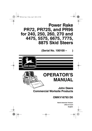 John Deere Power Rake PR72 PR72S and PR96 for 240 250 260 270 and 4475 5575 6675 7775 8875 Skid Steers Operator Manual Instant Download (PIN100100-)