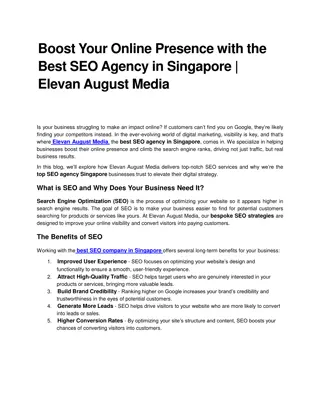 Boost Your Online Presence with the Best SEO Agency in Singapore | Elevan August