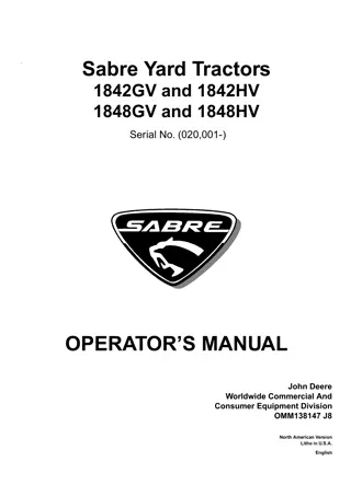 John Deere 1848HV Sabre Yard Tractors Operator’s Manual Instant Download (pin.020001-) (Publication No.OMM138147)