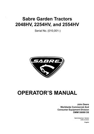 John Deere 2254HV Sabre Garden Tractors Operator’s Manual Instant Download (PIN010001-) (Publication No.OMM136080)