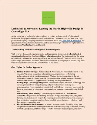 Leslie Saul & Associates Leading the Way in Higher Ed Design in Cambridge, MA