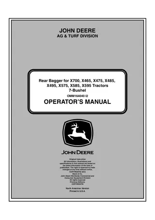 John Deere 7-Bushel Rear Bagger For X700 X465 X475 X485 X495 X575 X585 X595 Tractors Operator’s Manual Instant Download (Publication No.OMM164040)