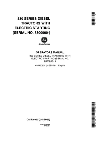 John Deere 830 Series Diesel Tractors With Electric Starting Operator’s Manual Instant Download (Pin.8300000-) (Publication No.OMR20820)