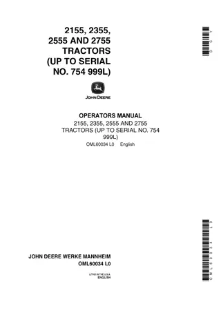 John Deere 2155 Tractors Operator’s Manual Instant Download (Pin.754999L) (Publication No.OML60034)