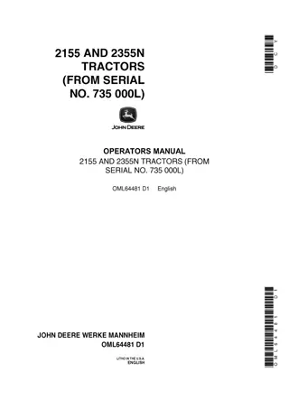 John Deere 2155 Tractors Operator’s Manual Instant Download (PIN735000L) (Publication No.OML64481)