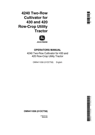 John Deere 4240 Two-Row Cultivator for 430 and 420 Row-Crop Utility Tractor Operator’s Manual Instant Download (Publication No.OMN411058)