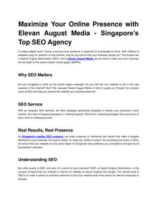 Maximize Your Online Presence with Elevan August Media – Singapore’s Top SEO Agency