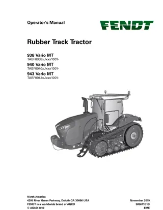 Fendt 938 940 943 Vario MT Rubber Track Tractor Operator Manual Instant Download (Part No. 589611D1D)