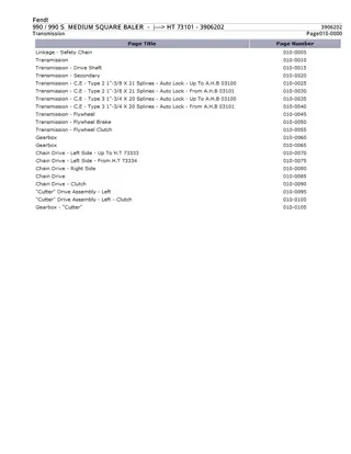 Fendt 990  990 S MEDIUM SQUARE BALER (--- HT 73101) Parts Catalogue Manual Instant Download (Part No. 3906202)