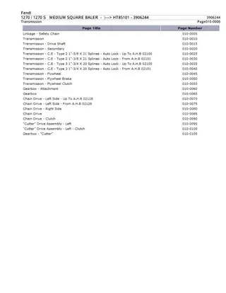 Fendt 1270  1270 S MEDIUM SQUARE BALER (--- HT85101) Parts Catalogue Manual Instant Download (Part No. 3906244)