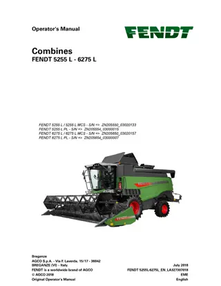 Fendt 5255 L  5255 L MCS  5255 L PL  6275 L  6275 L MCS  6275 L PL Combine Operator Manual Instant Download (Part No. LA327307018)