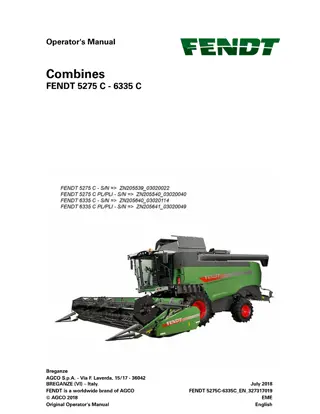 Fendt 5275 C  5275 C PL  5275 C PLI  6335 C  6335 C PL  6335 C PLI Combine Operator Manual Instant Download (Part No. 327317019)