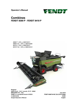 Fendt 8380 P  8380 P AL  8410 P  8410 P AL Combine Operator Manual Instant Download (Part No. D3157100M4)