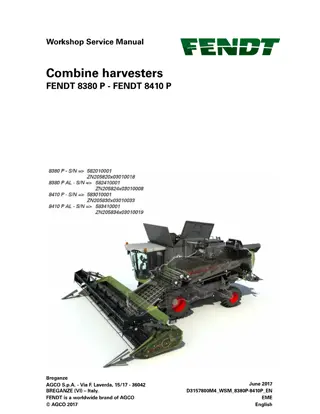 Fendt 8380 P  8380 P AL  8410 P  8410 P AL Combine Service Repair Manual Instant Download (Part No. D3157800M4)