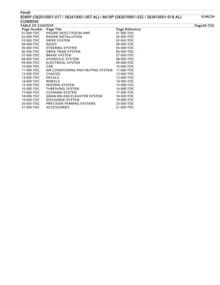 Fendt 8380P (582010001-017  582410001-007 AL)  8410P (583010001-032  583410001-018 AL) COMBINE Parts Catalogue Manual Instant Download (Part No. 6246234)