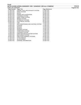 Fendt 9470X (62000-63999) (500000001-999  500400001-999 AL) COMBINE Parts Catalogue Manual Instant Download (Part No. 3906268)