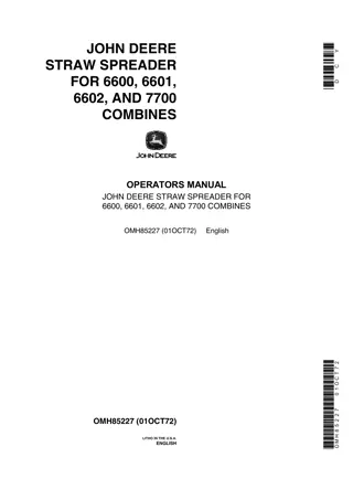 John Deere Straw Spreader for 6600 6601 6602 and 7700 Combines Operator’s Manual Instant Download (Publication No.OMH85227)