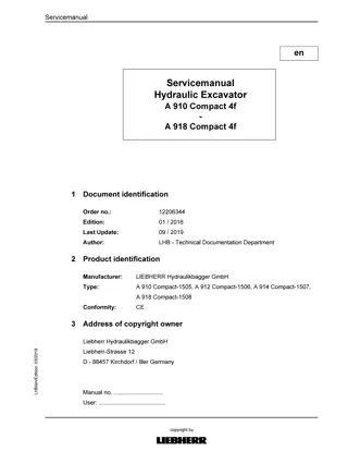 LIEBHERR A910 Compact-1505, A912 Compact-1506, A914 Compact-1507, A918 Compact-1508 Tier4f Hydraulic Excavator Service Repair Manual