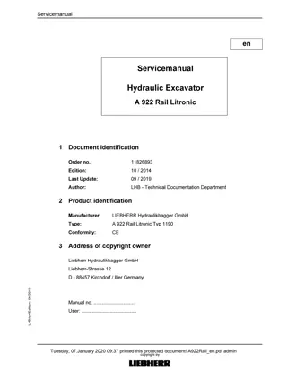 LIEBHERR A922 Rail Litronic Hydraulic Excavator Service Repair Manual Instant Download