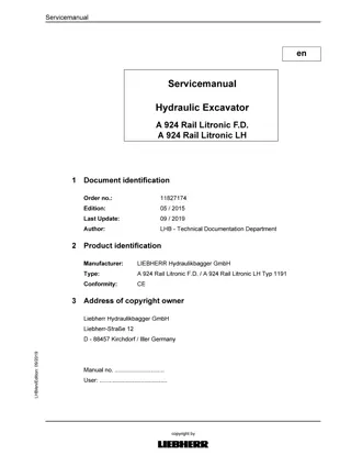 LIEBHERR A924 Rail Litronic F.D.  A924 Rail Litronic LH Typ 1191 Hydraulic Excavator Service Repair Manual Instant Download