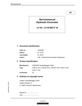 LIEBHERR LH40 M-1215, LH50 M-1216, LH50 MT-1474, LH40 C-1527, LH50 C-1232 (Tier4f) Hydraulic Excavator Service Repair Manual