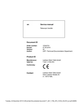 LIEBHERR T46-7-1706 4FS Telescopic Handler Service Repair Manual Instant Download