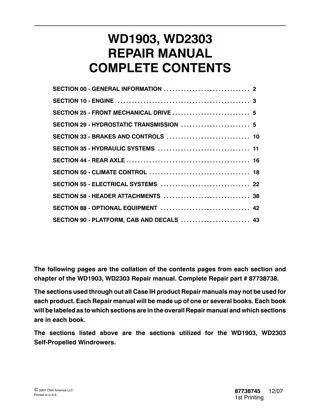 CASE WD1903, WD2303 Self-Propelled Windrowers Service Repair Manual Instant Download (Part Number 87738738)