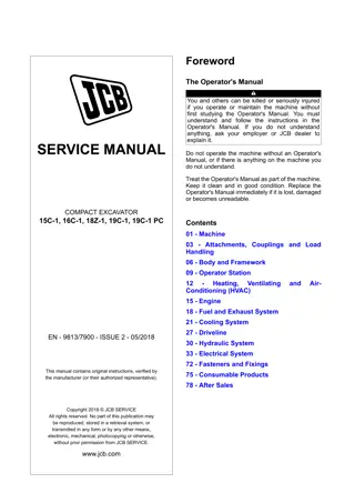 JCB 15C-1, 16C-1, 18Z-1, 19C-1, 19C-1 PC Mini Excavator Service Repair Manual Instant Download