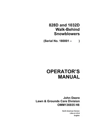 John Deere 828D and 1032D Walk-Behind Snowblowers Operator’s Manual Instant Download (pin.180001-) (Publication No.OMM136935)