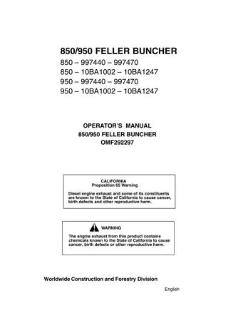 John Deere 850 950 Feller Buncher Operator and Maintenance Manual Instant Download (PIN997440-997470 10BA1002-10BA1247) (Publication No.292297)