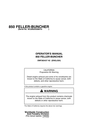 John Deere 850 FELLER-BUNCHER Operator’s Manual Instant Download (PINWC0850X008010-) (Publication No.383437)