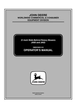 John Deere JA60 and JA62 21-Inch Walk-Behind Rotary Mower Operator’s Manual Instant Download (pin.100001-) (Publication No.OMGC00514)