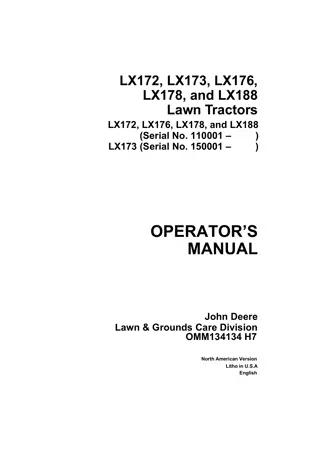 John Deere LX172 LX173 LX176 LX178 and LX188 Lawn Tractors Operator’s Manual Instant Download (pin.110001- 150001-) (Publication No.OMM134134)