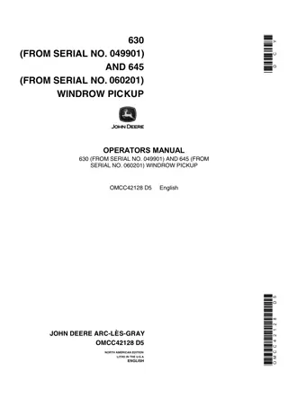 John Deere 630 (Serial No.049901) and 645 (Serial No.060201) Windrow Pickup Operator’s Manual Instant Download (Publication No. omcc42128)