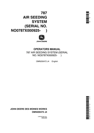 John Deere 787 Air Seeding System (Serial No.NO787X000925-) Operator’s Manual Instant Download (Publication No.omn200472)