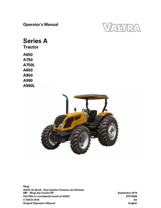 Valtra SERIE A GII A650 A750 A750L A850 A950 A990 A990L Tractor Operator Manual Instant Download