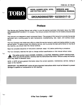 Toro Groundsmaster 62 220 217D Mower Service Repair Manual Instant Download