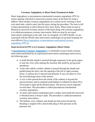 Coronary Angioplasty or Heart Stent Treatment in India