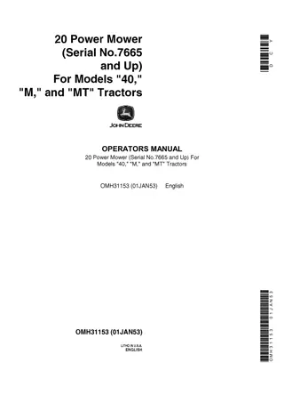 John Deere 20 Power Mower (7665 and up) for Models 40 M and MT Tractors Operator’s Manual Instant Download (Publication No.OMH31153)