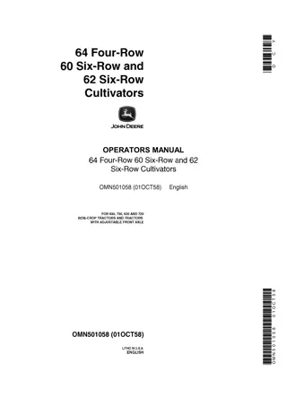 John Deere 64 Four-Row 60 Six-Row and 62 Six-Row Cultivators Operator’s Manual Instant Download (Publication No.OMN501058)