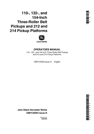 John Deere 110- 132- and 154-Inch Three-Roller Belt Pickups and 212 and 214 Pickup Platforms Operator’s Manual Instant Download (Publication No.OMH120054)